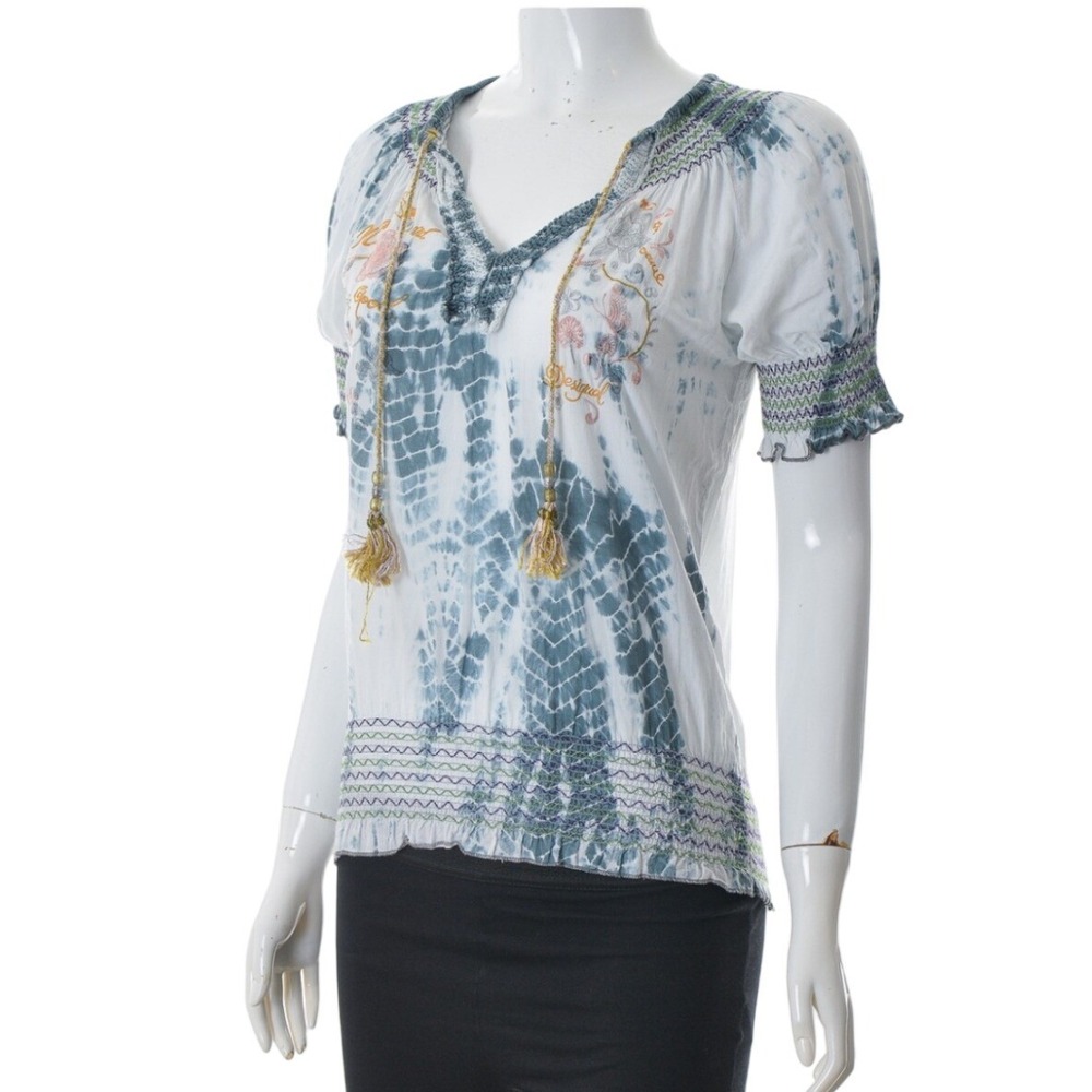 Desigual Womens Tie Dye Boho Peasant Blouse Blue White Embroidered Tassel L‎
